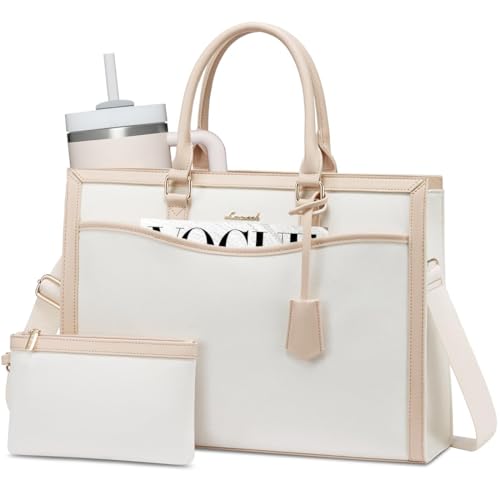 LOVEVOOK Laptop Tote Bag for Women, 15.6 inch Lightweight Canvas Office Work Bag Briefcase, Large Capacity Teacher Computer Bag Handbag for Travel Business,2pcs Set Canvas/Apricot