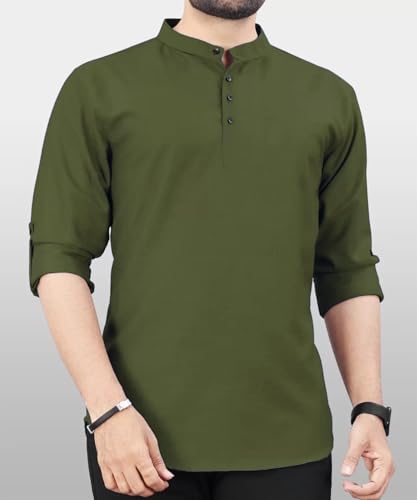 Image of DEEMOON Men's Regular Fit Solid Sprad Collar Casual Shirt with a Trendy Mandarin Collar Crafted from a Premium Cotton Blend