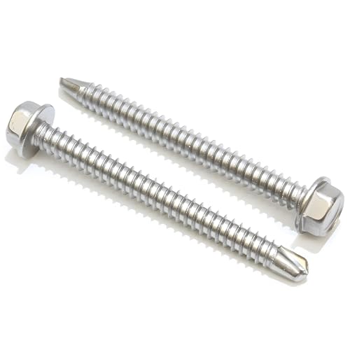 Bolt Dropper #14 x 2 Inches Stainless Steel TEK Screws - Pack of 50 Self-Tapping Screws - Corrosion-Resistant External Hex Washer Head Screws for Wood, Metal, Wet Environments, and Outdoor Projects
