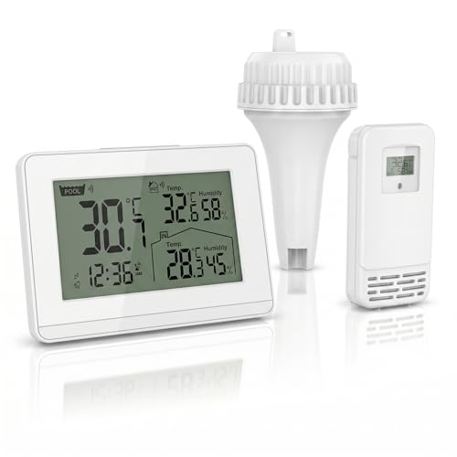 CSL - Funk Wetterstation mit Außensensor - inkl. Pool Thermometer - digital Funkuhr - Wassertemperatur Innentemperatur Außentemperatur Luftfeuchtigkeit - schwimmend DCF Uhrzeit