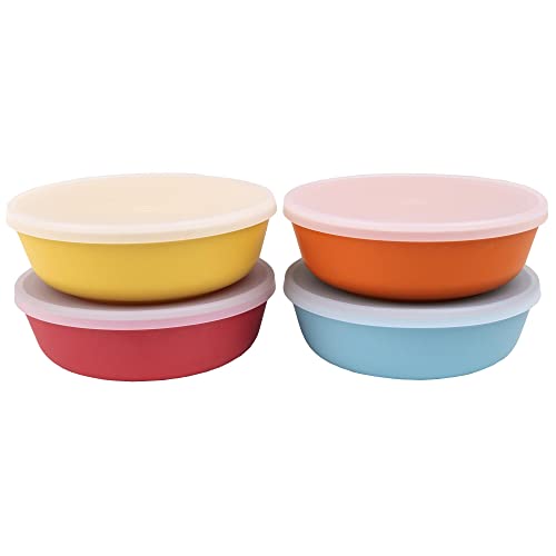 Image of WeeSprout Bamboo Kids Bowls with Lids, Set of Four 15 oz Kid-Sized Bamboo Bowls, Bamboo Kid Bowls with Lids for Leftovers, Dishwasher Safe (Blue, Yellow, Orange, & Red)