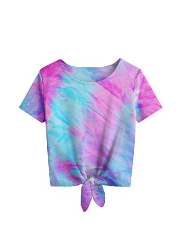 Image of Girls Tie Dye Shirts Short Sleeve T-Shirt Casual Tie Hem Tee Tops Size 5-12 Years