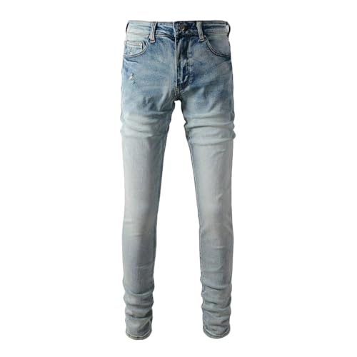 Jeans Pants Trousers Denim Men Stretch Slim Fit Light Blue Street Trendy Wear Worn Hole Washed Grinding Fading Retro Casual Small Foot(Blue,29)