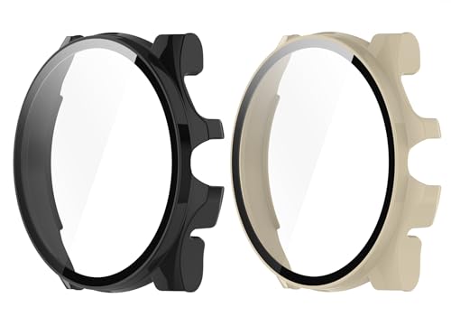 SHEAWA Ticwatch Pro 5用ケース カバー 2個セット PC+強化ガラスフィルム 全面保護 9H硬度 一体型保護ケース 保護カバー 耐衝撃 アクセサリー (ブラック+アイボリー)