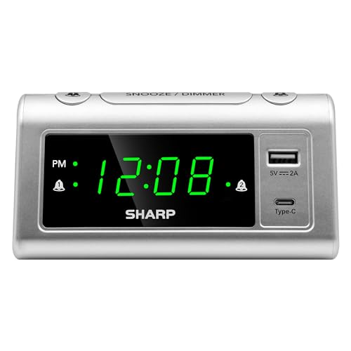 Sharp Alarm Clock for Bedrooms, Super Fast USB-C Charging and Fast 2 Amp USB Charging, 2 Alarms, 3-Step Dimmer, Snooze, Easy to Set Controls, Silver with Green LED Display