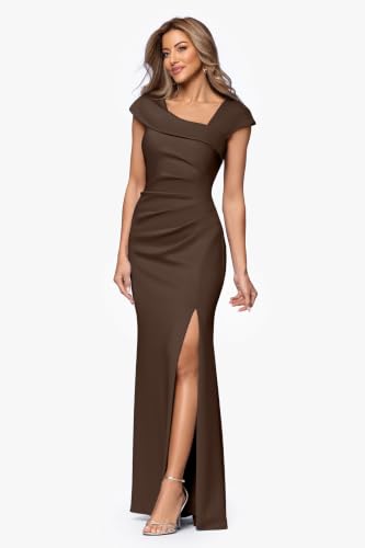 Image of Xscape Women's Long Bodycon Formal Evening Gown with Cap Sleeves, Asymmetrical Neckline, Ruched Bodice and Front Slit