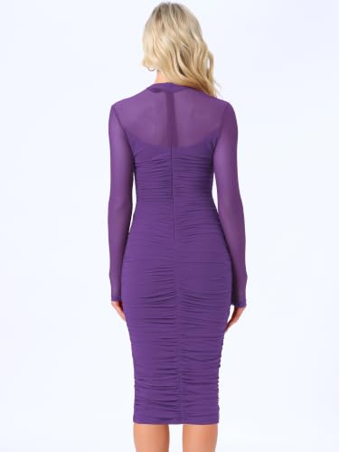Image of Allegra K Mesh Dress for Women Long Sleeve Mock Neck Ruched Bodycon Dresses