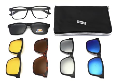 Image of 5-in-1 Magnetic Clip-on Sunglasses Set with Multicolor Lenses, Black Frame, Storage Pouch