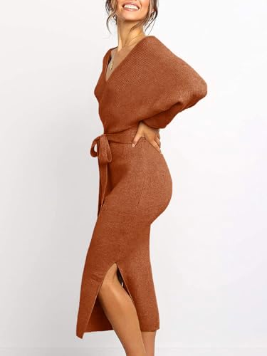 Image of Chang Yun Women's Long Maxi Sweater Dresses Sexy Wrap Batwing V Neck Slit Open Back Holiday Bodycon Dress with Belt