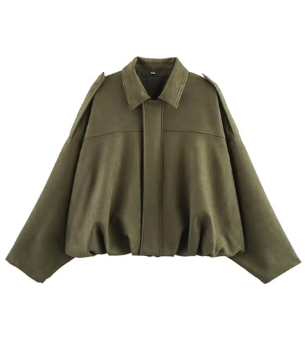 Bnigung Womens Faux Suede Bomber Jacket Casual Lapel Pilot Cropped Coat Oversized Motorcycle Jackets 2025 Outerwear, Green, XS