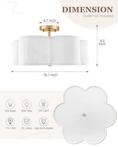 Image of 18 inch Gold Semi Flush Mount Ceiling Light with White Fabric Shade