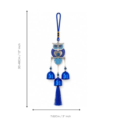 Image of eCraftIndia Blue Evil Eye Owl Wind Chime for Home Entrance Decor | Hanging Bell with Tassel & Nazar Protection Charm | Decorative Wall & Door Hanging for Home, Office & Balcony
