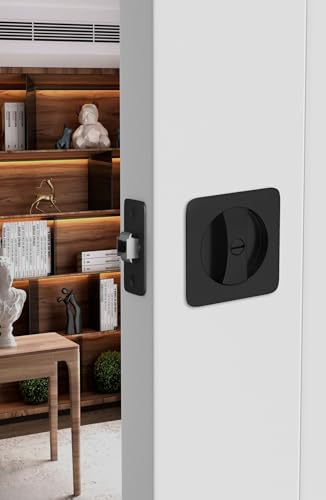 Image of goldenwarm Black Pocket Door Lock, Rounded Square Sliding Pocket Door Hardware Privacy Pocket Door Latch for Bathroom & Bedroom - 1 Pack
