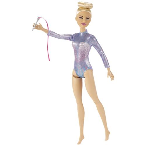 Barbie Rhythmic Gymnast Blonde Doll (12-in/30.40-cm) with Colorful Metallic Leotard, 2 Clubs & Ribbon Accessory, Great Gift for Ages 3 Years Old & Up