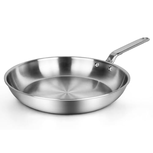 Image of GLOBEHOME 12 Inch Stainless Steel Frying Pan - 5 Ply Stainless Clad Skillet with Aluminum Core, Durable and Even Heating, Professional Cookware for Induction, All Stoves, Oven and Dishwasher Safe