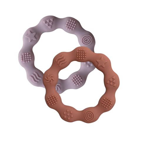 Image of Boppabug | Baby Teething Ring | Minimalist Sensory Teether Toy | Safe Silicone Teething Bracelet (2 Pack Lilac & Pumpkin)