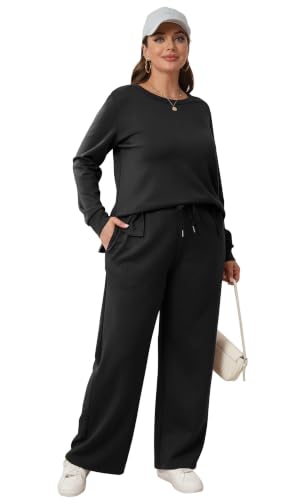 Image of WIHOLL Women's 2 Piece Lounge Sets Sweatshirt Casual Travel Outfits Fashion Wide Leg Tracksuit Cozy Sweatsuits