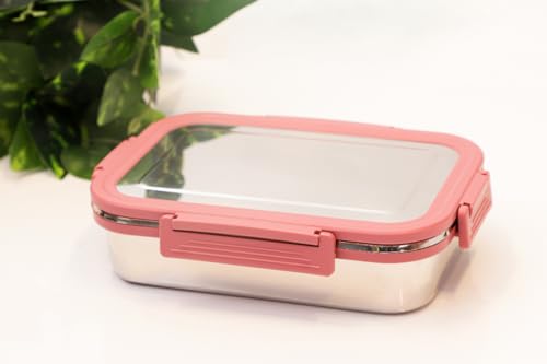 Image of Premium Stainless Steel Tiffin Lunch Box Set, 700ml + 200ml | Leak-Proof, Airtight, Food Grade Steel | 4 Side Clip Lock Lid (2PC Pink, Lunch Box - for Kids)