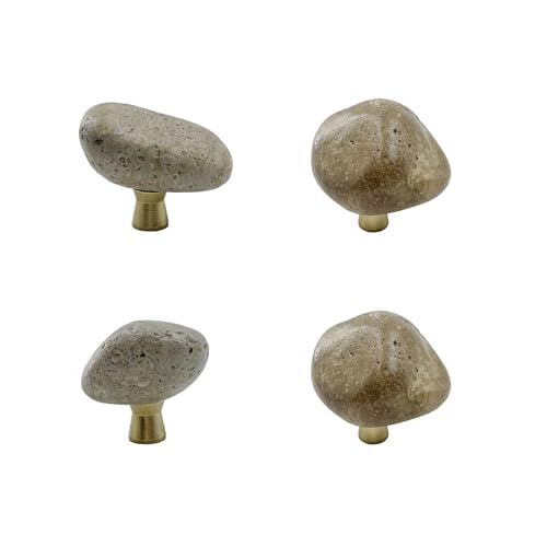 Yuqim 4 Pack Unique Single Hole Irregular Rock-Shaped Drawer Knobs with Brass Base Natural Style Decorative Stone Pull Knobs for Cabinet Furniture Dresser Handle with Screws