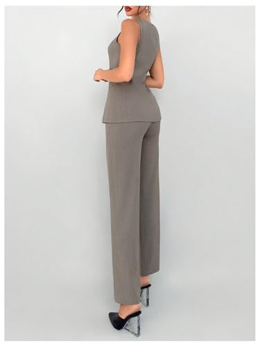 SOLY HUX Women's 2 Piece Business Casual Outfit Button Down Boat Neck Sleeveless Vest and Pants Set2