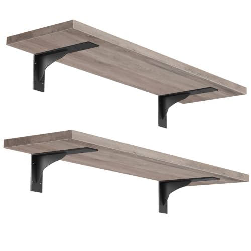 Image of HOOBRO Floating Shelves for Wall, 15.7 inch Wall Mounted Shelves Set of 2 | Hanging Storage Shelf with Metal Brackets, Wooden Shelf for Living Room, Bedroom, Bathroom, Greige and Black