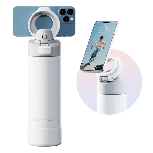 Magcheer Insulated Magnetic Water Bottle - Reusable Stainless Steel Bottle with MagSafe Compatible Phone Holder - Keeps Cold for 24 Hours - Perfect for Gym Sports and Travel - White 24oz