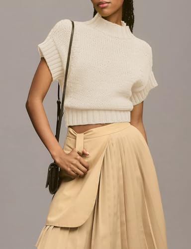Image of Womens Mock Neck Cap Sleeve Sweater Vest Casual Solid Cropped Tank Tops Pullover Sweaters