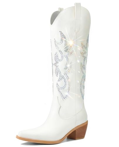 Image of Pasuot Western Cowboy Boots for Women - Knee High Wide Calf Cowgirl Boots, Slip On Pointed Toe Chunky Heel Fashion Retro Classic Pull On Tall Boot for ladies Party concert