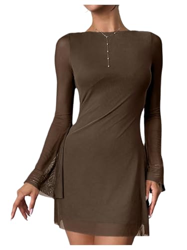 Image of GORGLITTER Women's Bell Long Sleeve Mini Dress Y2k Fall 2025 Mesh Boat Neck Going Out Club Bodycon Short Dress