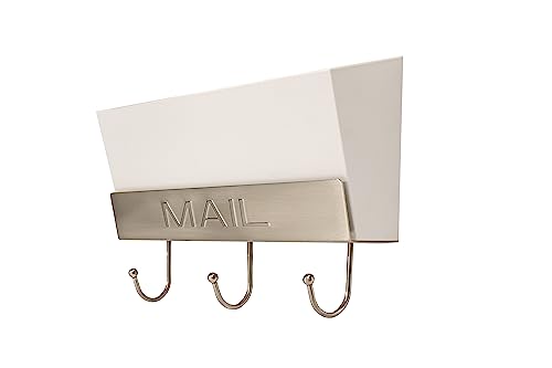 FantasHome Metal Hook Rack with 3 Hooks and Plastic Mail Holder Storage Basket on The Wall for Entryway(White)