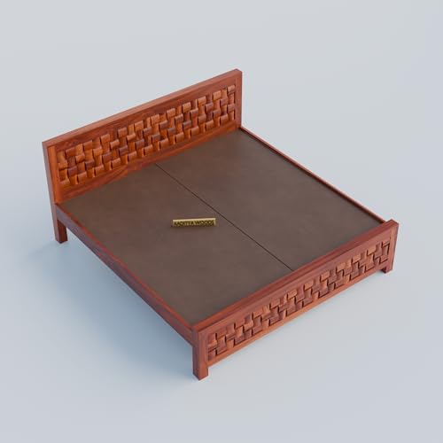 Image of AADITYA WOODS Solid Sheesham Wood Queen Size Bed Cot Without Storage | Wooden Bed for Bedroom | Multipurpose Use Cot Palang Diwan (Honey q4, Queen) (82x62x40 Inch)