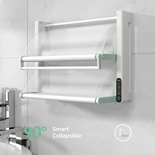 Cleesink Towel Warmer, Wall Mounted Heated Towel Rack With Built-In Timer, Adjustable Temperature, Foldable Aluminum Alloy Electric Towel Warmers For Bathroom, Hot Drying Towel Racks,White Green #TOP1