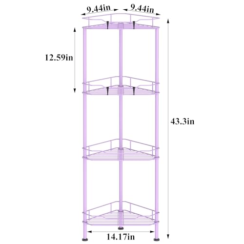 Image of HuggieGems Metal Floor Standing Corner Shower Caddy, Light Purple, 4 Tier | Adhesive Bathroom Organizer Shelves, Free Standing Shower Rack with Hooks, Hold Large Shampoo Bottles