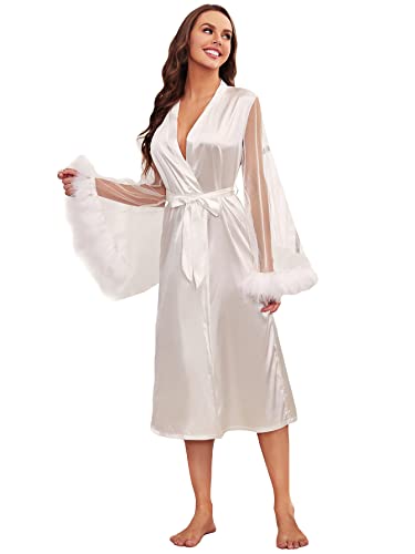 Wdirara Women's Satin Feather Trim Mesh Long Sleeve Belted Long Bride Robe Bathrobe White M #TOP29