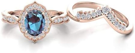 Oval Cut Alexandrite Engagement Ring Set – 18K Rose Gold Vermeil Art Deco Bridal Ring Set – Vintage Alexandrite Wedding Ring Set for Women – Anniversary and Promise Ring Gift