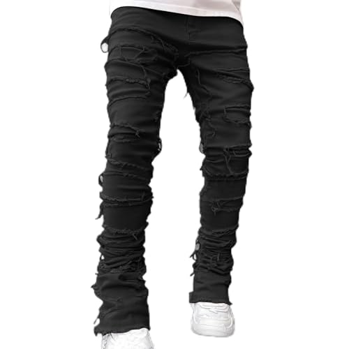 Firzero Men's Denim Pants Zippered Straight Leg Trousers Elastic Patchwork Slim Fit Jean Y2K Style Trousers with Pocket