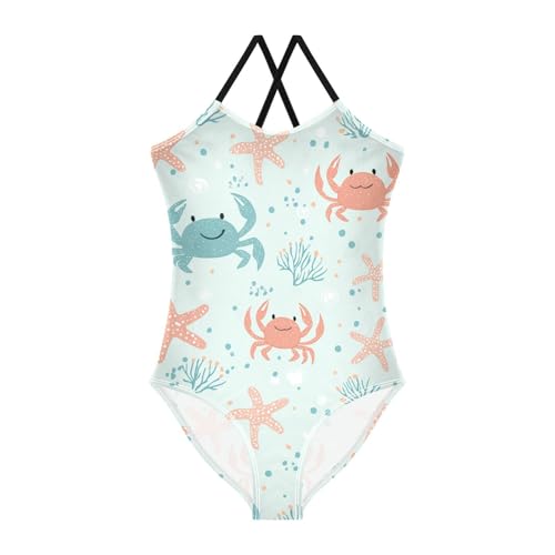 ZZKKO Cute Cartoon Crabs Starfish Girls Swimsuit One Piece Bathing Suit for Baby Girls' Swimwear 3-10T
