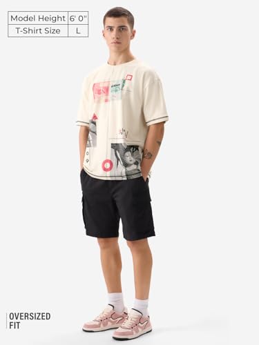 Image of The Souled Store Squid Game: Let's Play Men and Boys Short Sleeve Round Neck Beige Graphic Printed Cotton Oversized T-Shirts