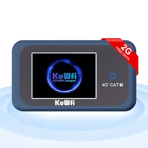 Image of KuWFi Portable 4G LTE Cat7 Mobile Hotspot Router with 2GB Data SIM Card (Roaming Required), AC1200 Auto-Switch Dual Band (1 SSID), Band Locking, IMEI /TTL /APN Modification, 10 Devices for RV, Travel