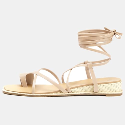Coutgo Womens Lace Up Gladiator Sandals Strappy Flat Dressy Low Heel Wedges Thong Summer Beach Shoes4