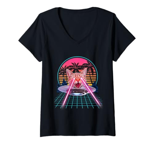 Donna Laser Cat Eyes Kitten UFO Retro 80s Funny Cats Lovers Maglietta con Collo a V