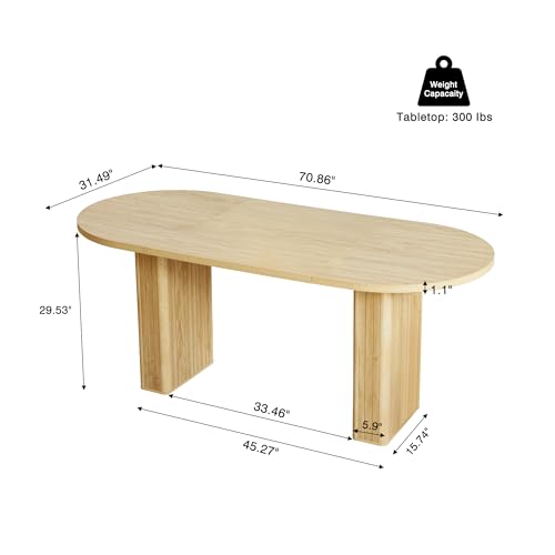 Image of 70.8 Inch Kitchen Dining Table for 4-6 People, Oval Kitchen Table with Wood Strip Base, Modern Farmhouse Large Round Dining Room Tables for Living Room (Natural)
