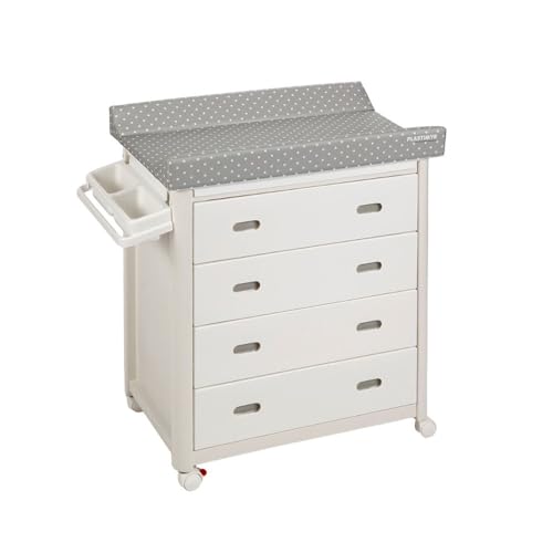PLASTIMYR Mueble Bañera Cambiador 3 En 1 Topos Gris – Bañera Para Bebe Cómoda con 4 Cajones – Cambiador de Bebe con Ruedas, Cubeta Amplia y Canasta Portaobjetos