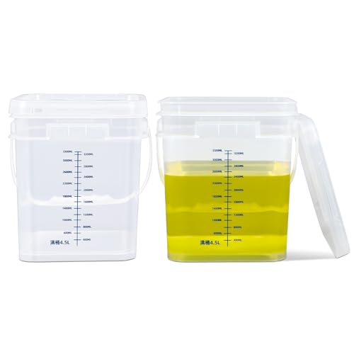 Lot de 2 seaux transparents de 4 litres, gradués avec couvercle, seaux carrés de qualité alimentaire, récipients de nettoyage, seaux en plastique,...