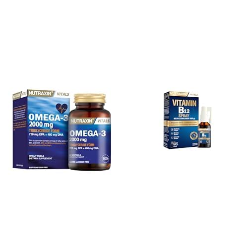 Nutraxin Vitals Omega-3 2000 mg EPA + DHA Balık Yağı içeren Takviye Edici Gıda 60 kapsül + Nutraxin Vitamin B12 Sprey 1000 µg Metilkobalamin, 15 ml