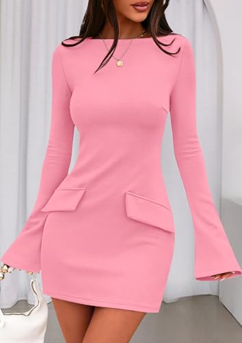 Image of PRETTYGARDEN Womens Fall Long Sleeve Mini Dress 2025 Trendy Boat Neck Bodycon Knit Elegant Short Party Formal Dresses