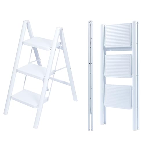 UZIRO Escalera Plegable 3 Peldaños, Escaleras Decorativa, Peldaños Anchos Antideslizantes, Ideal para Uso en Hogar, Cocina y Oficina, Fácil de Guardar y Transportar, Resistente (Blanco, 3 Peldaños)