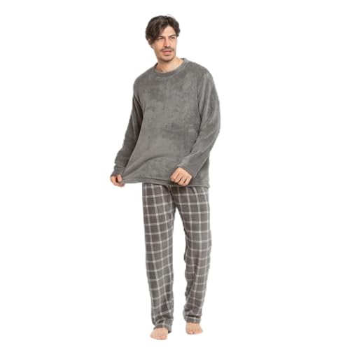 TRAMAS+ Pijama Hombre de Invierno, Pijama de Coralina con Manga Larga Polar y Pantalón Largo, Conjunto de Ropa para Dormir Cómodo y Calentito - XL, Cuadro Nidari Gris Gris