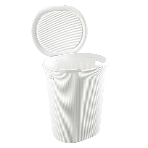 Image of Superio Ribbed Collection - Decorative Plastic Laundry Hamper with Lid and Cut-Out Handles, White (2 Pack) Basket Organzier for Bedroom Bathroom College Dorm Room 40 Liter