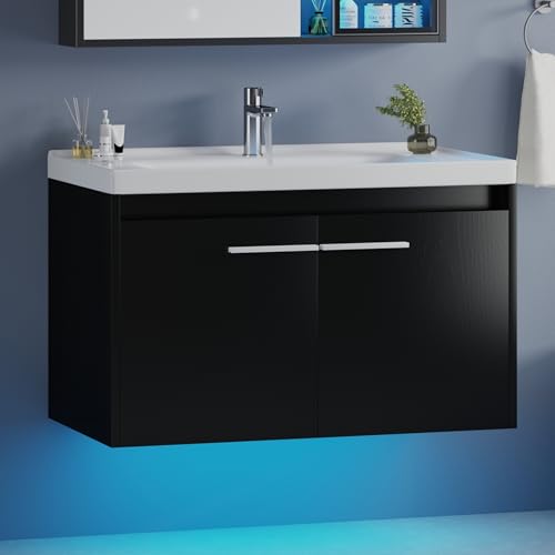 4ever2buy 31" Floating Bathroom Vanity with Sink, Modern Black Bathroom Vanity with LED Light, Wall Mounted Sink Cabinet with 2 Doors, Black